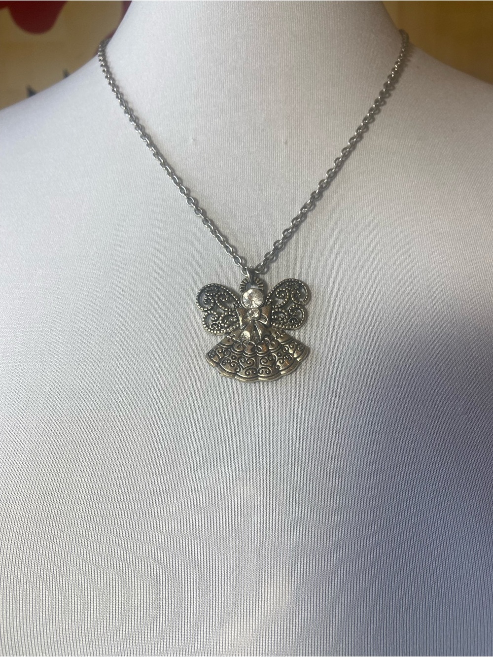 Filigree Angel Pendant Necklace in Silver